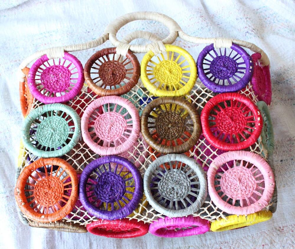 Hatattack Colorful Medallion Circle Basket Woven Straw Handbag Tote Purse